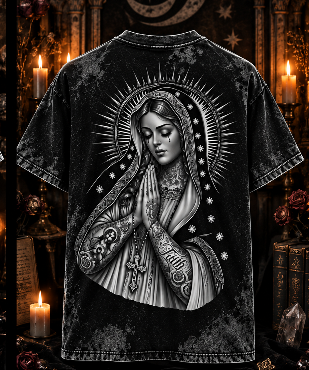 Sacred Sorrow Virgin Mary Tee | Gothic Tattooed Madonna Acid-Wash Shirt