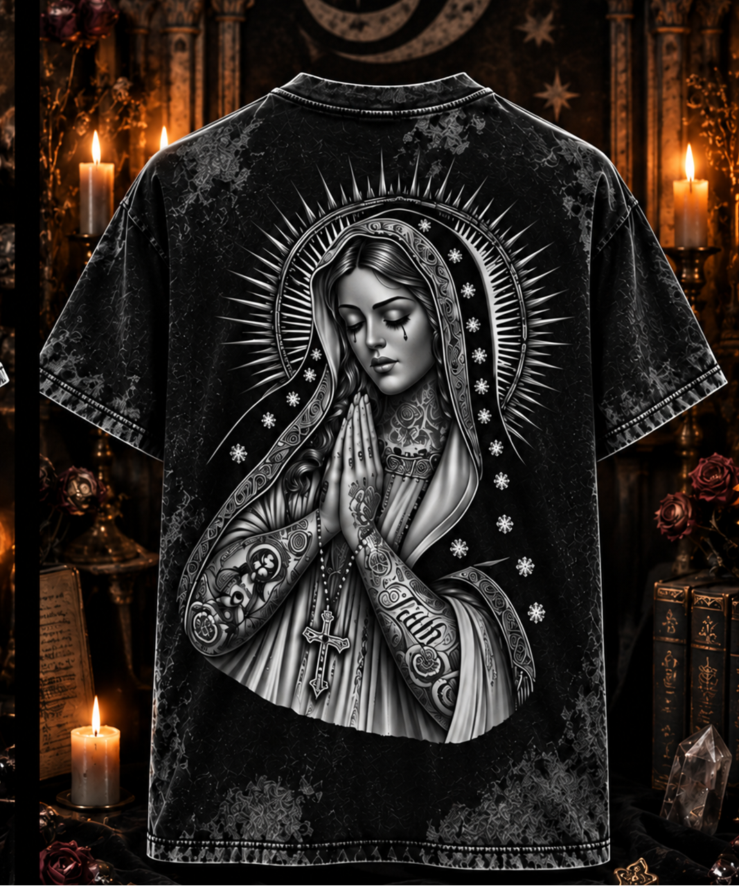 Sacred Sorrow Virgin Mary Tee | Gothic Tattooed Madonna Acid-Wash Shirt